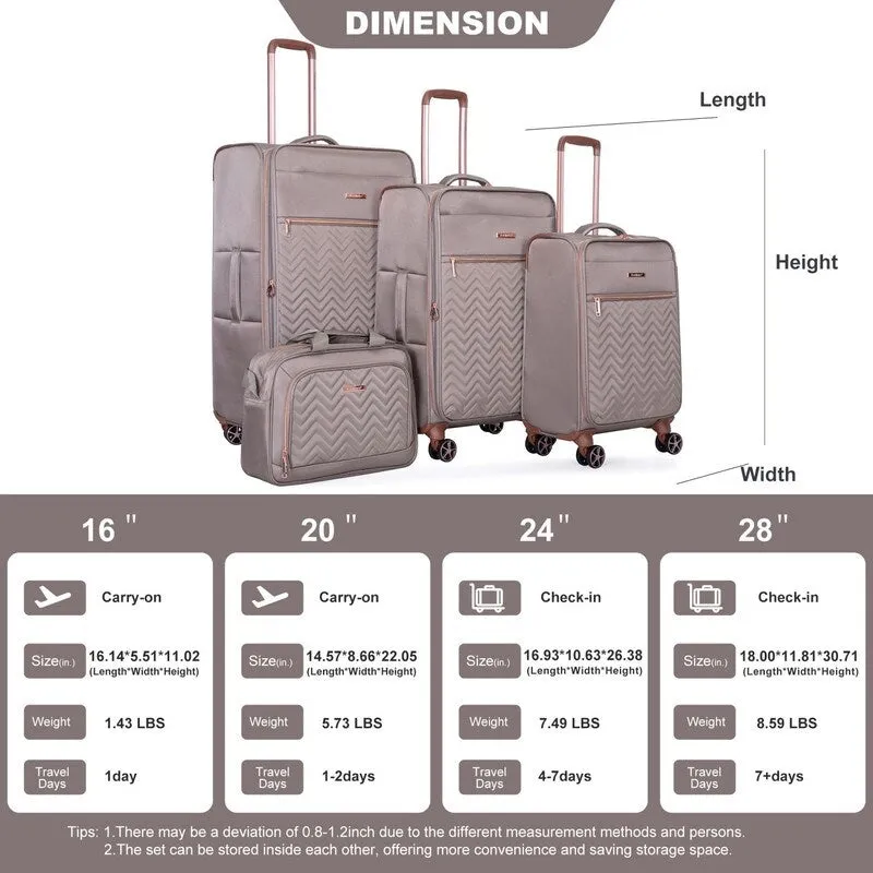 4-Piece Softshell Suitcase Terylene Luggage Sets with Spinner Wheels,Khaki
