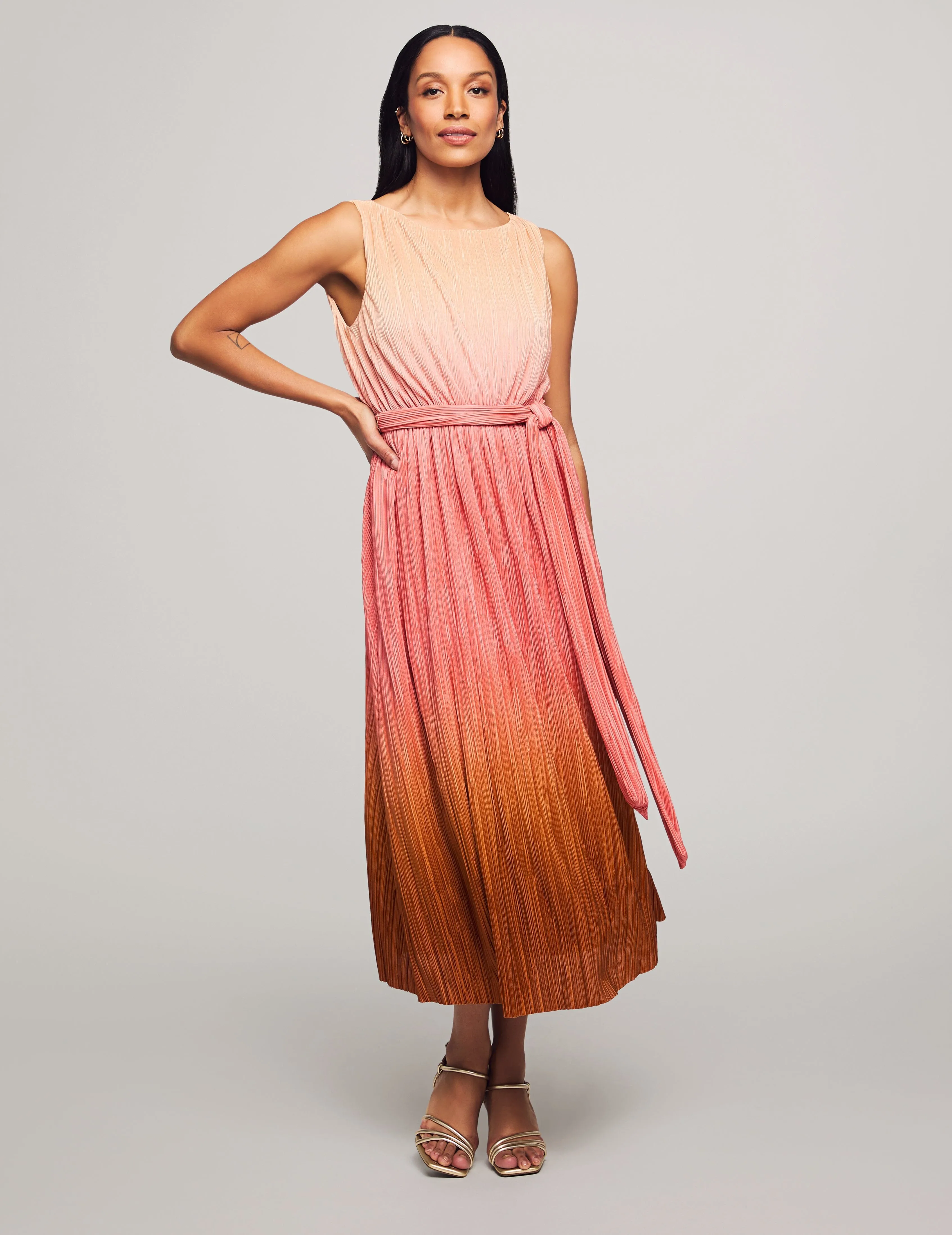 Boatneck Pleated Ombre Midi Dress- Sale