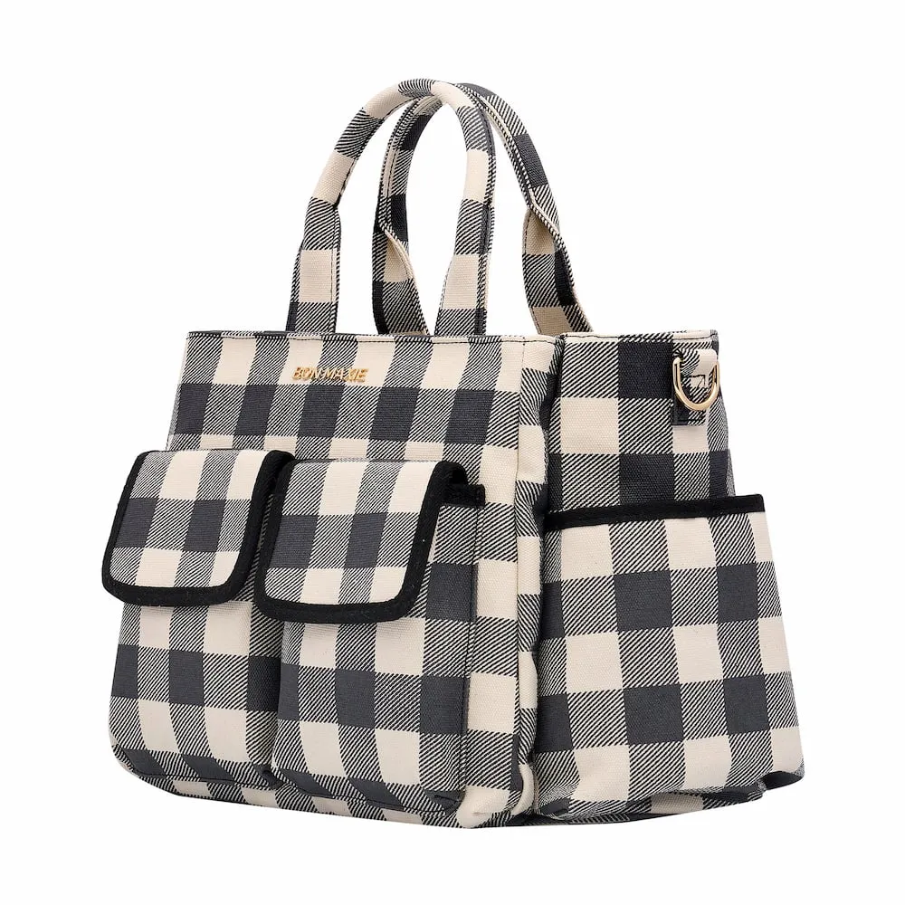 Everyday Multi-Pocket Tote Bag -- Black Gingham