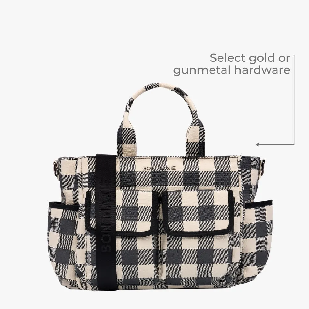 Everyday Multi-Pocket Tote Bag -- Black Gingham