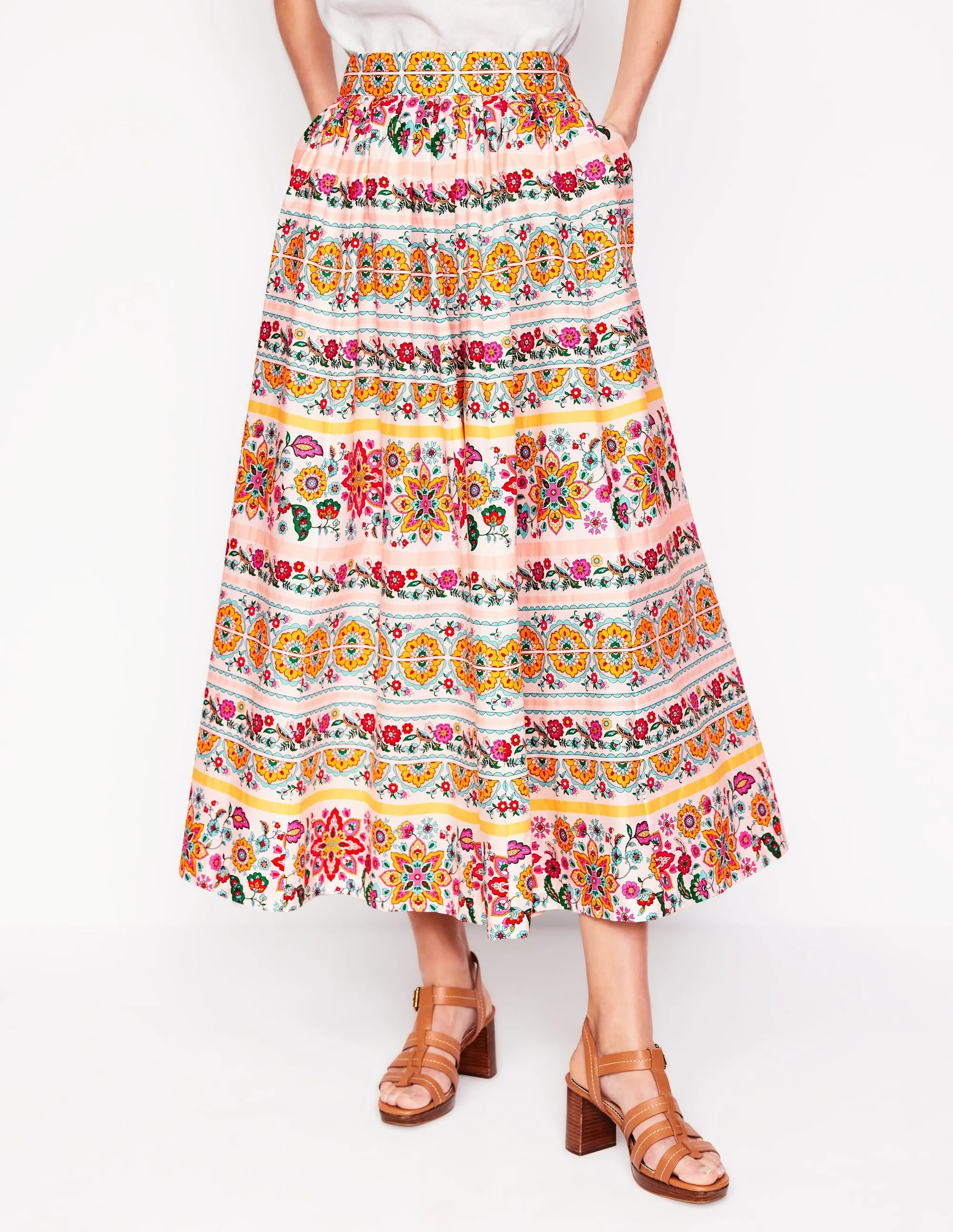 Full Poplin Maxi Skirt-Ivory. Botanical Sprig