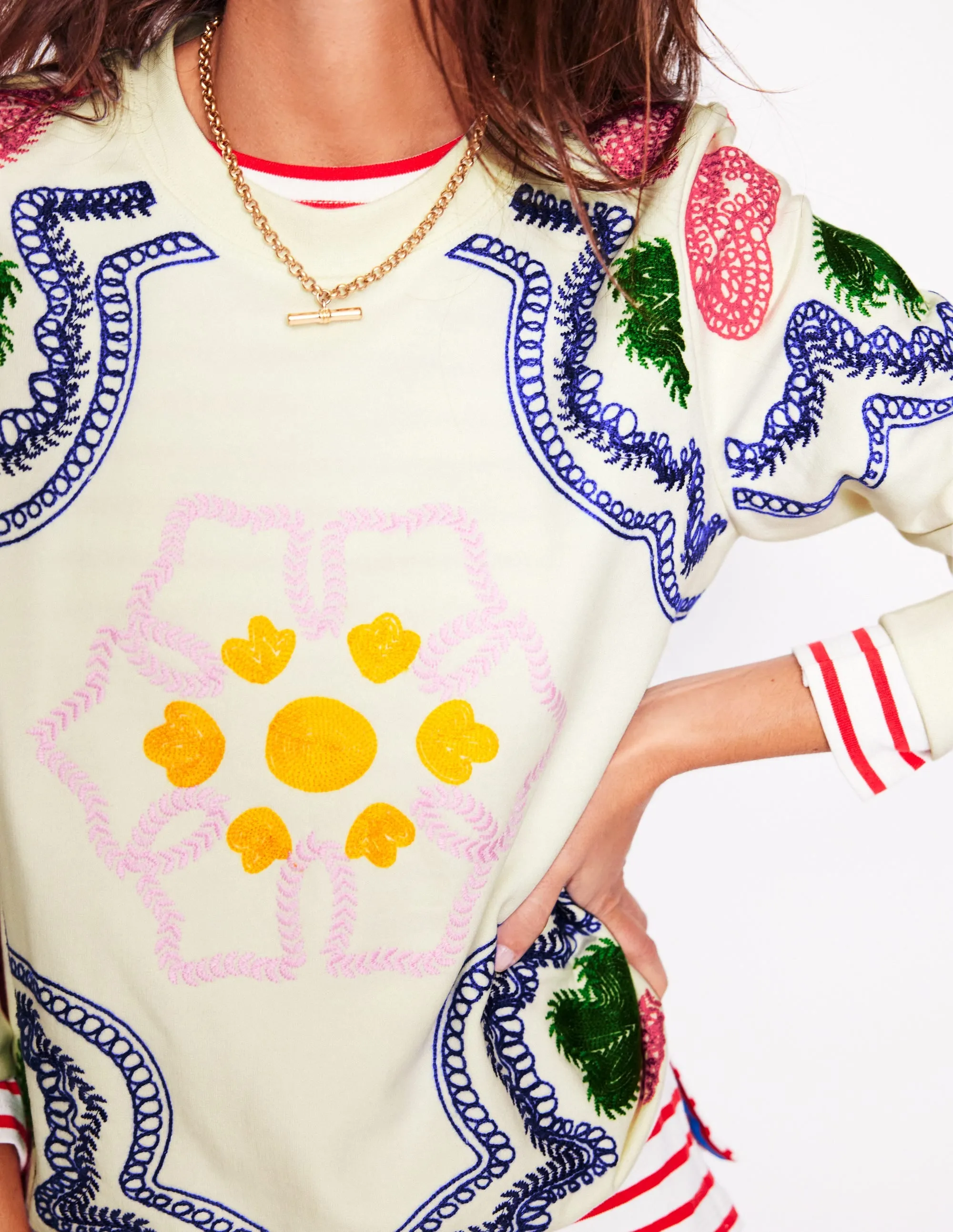 Hannah Embroidered Sweatshirt-Ivory. Geo Stitch