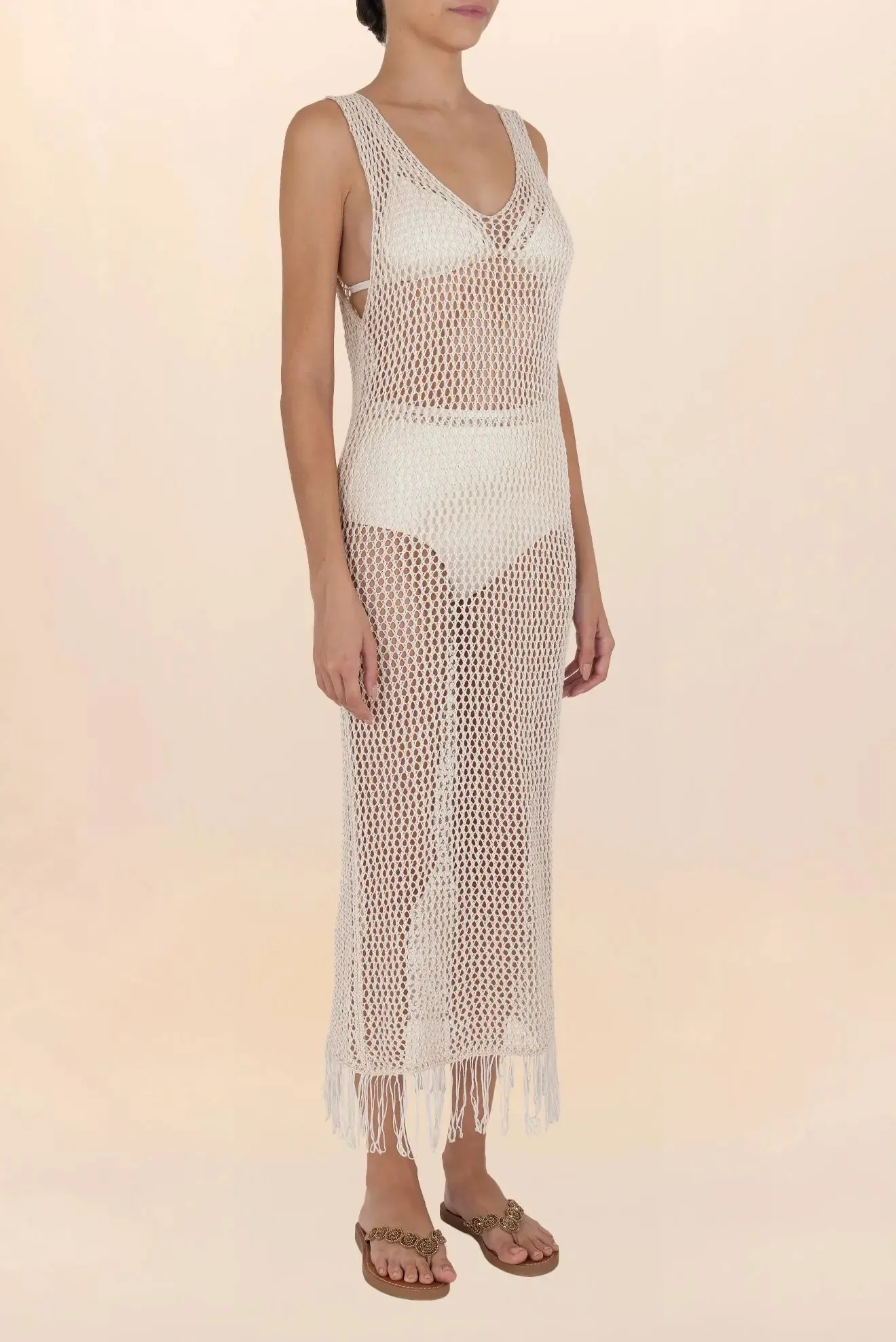 Long beige crochet dress with fringes