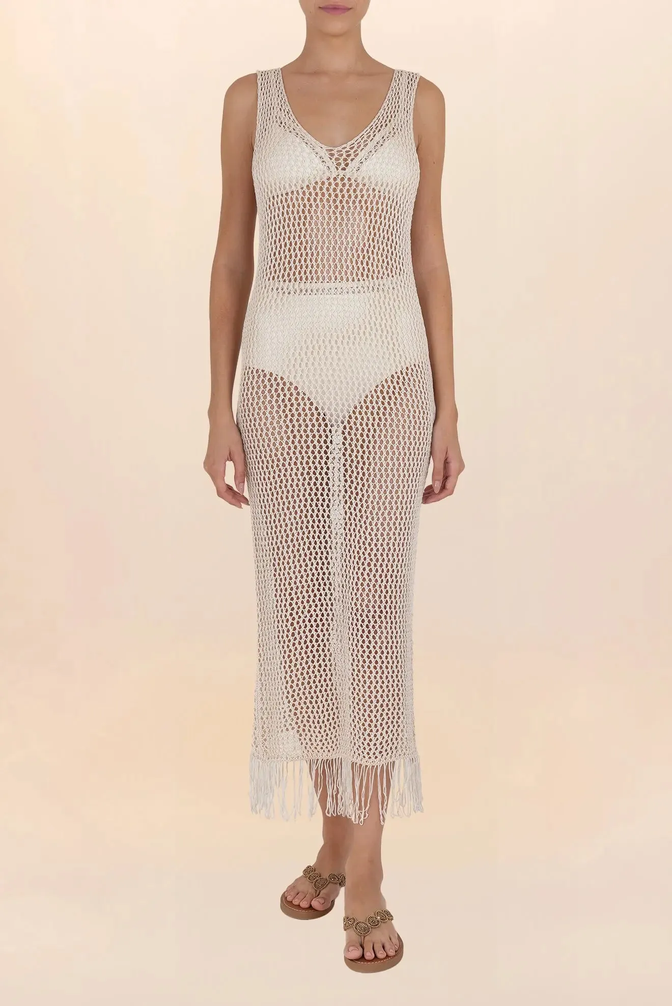 Long beige crochet dress with fringes
