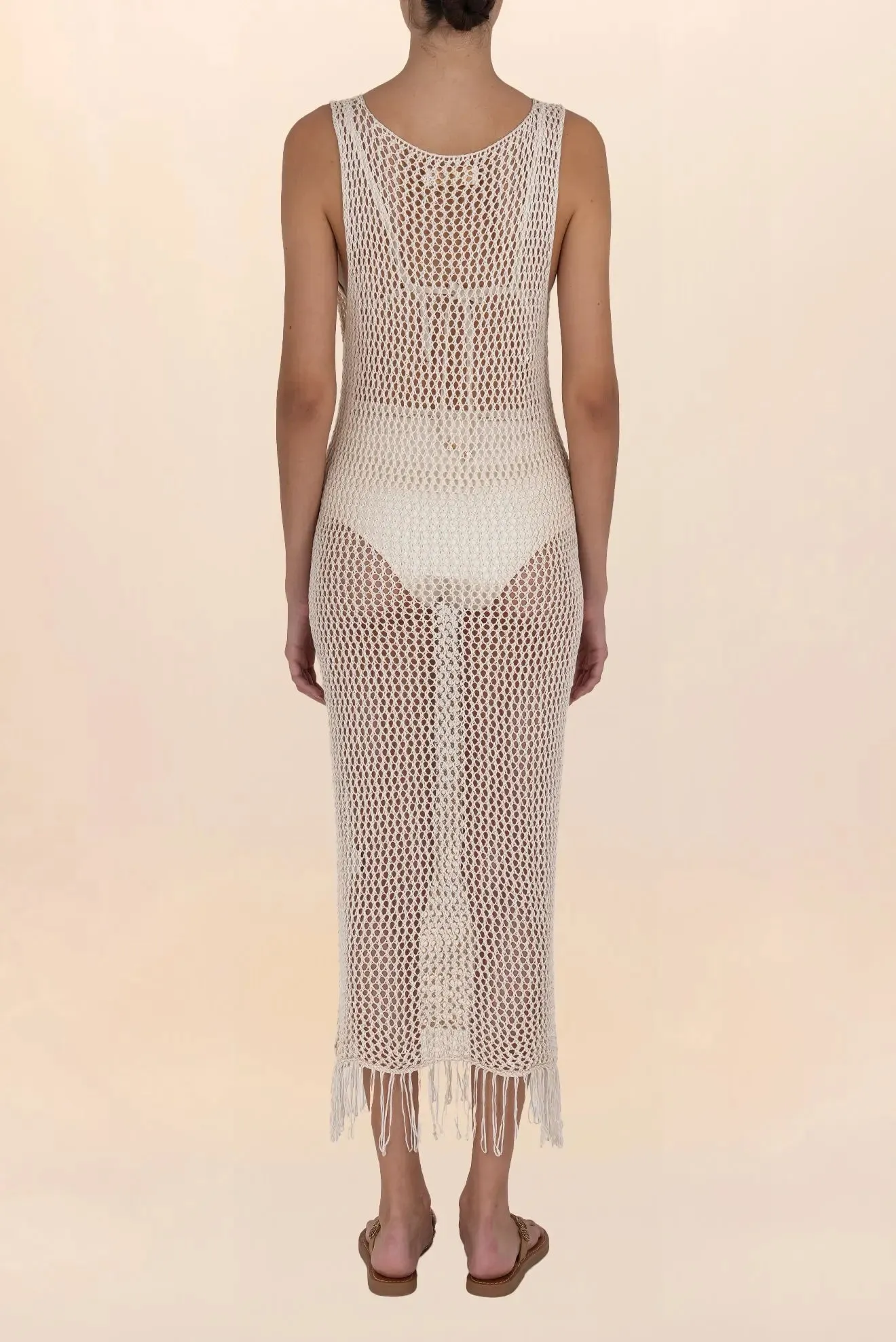 Long beige crochet dress with fringes