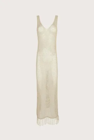 Long beige crochet dress with fringes