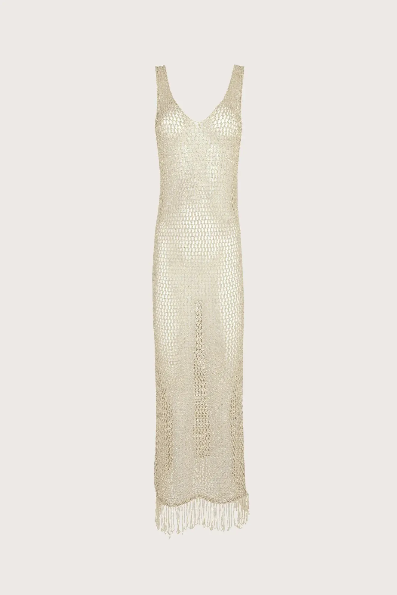 Long beige crochet dress with fringes