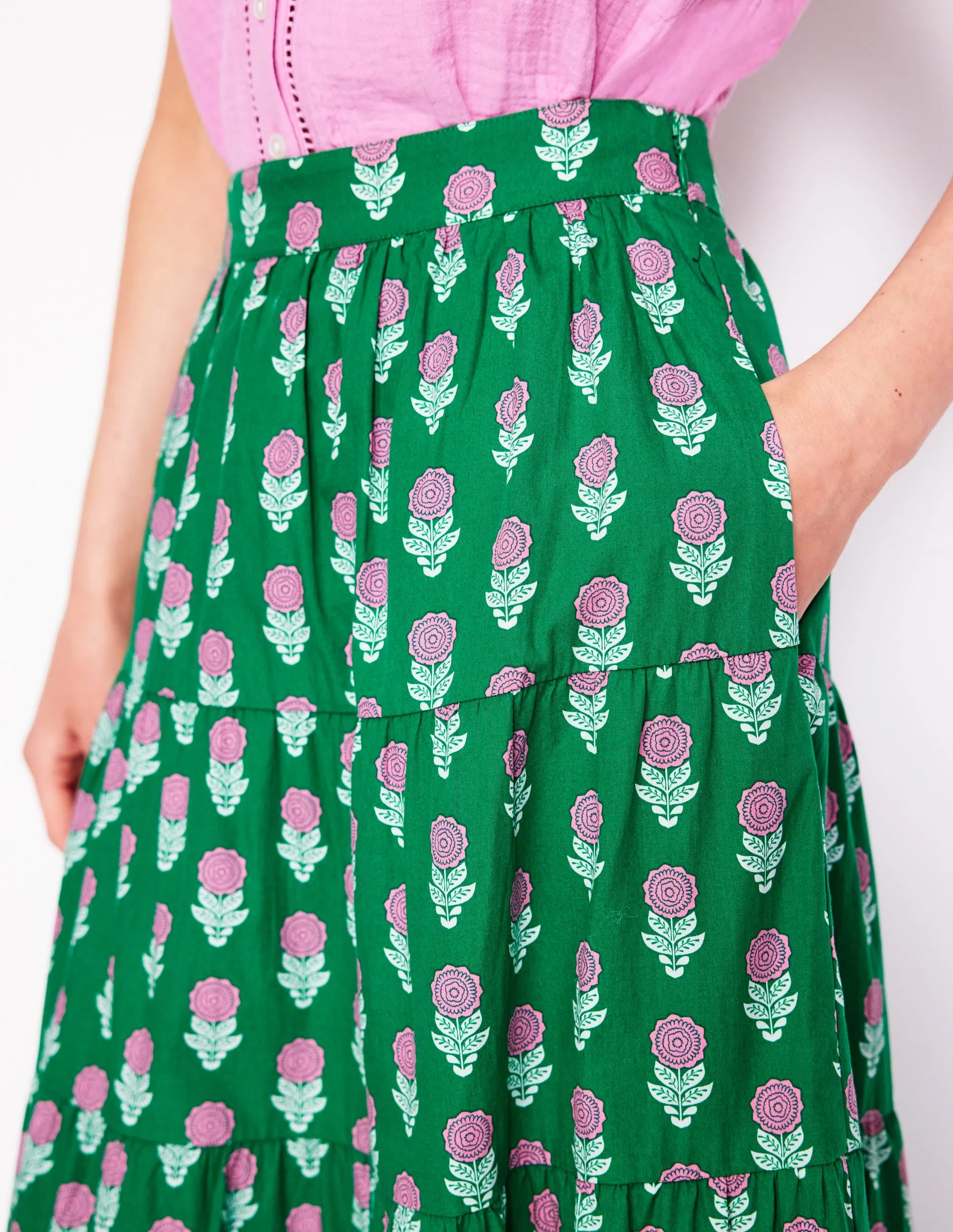 Nadia Poplin Maxi Skirt-Green Stamp. Dahlia Sprig