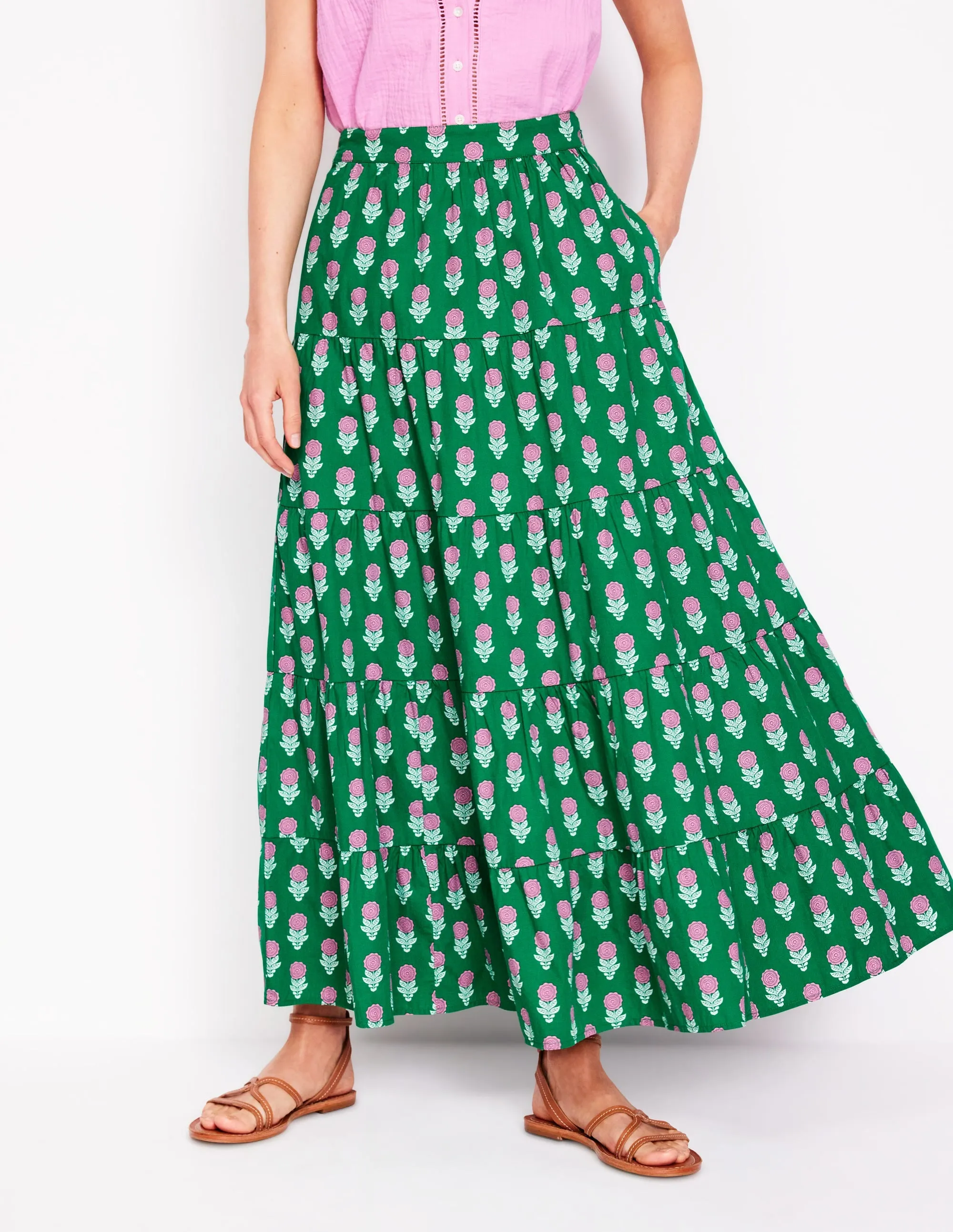 Nadia Poplin Maxi Skirt-Green Stamp. Dahlia Sprig