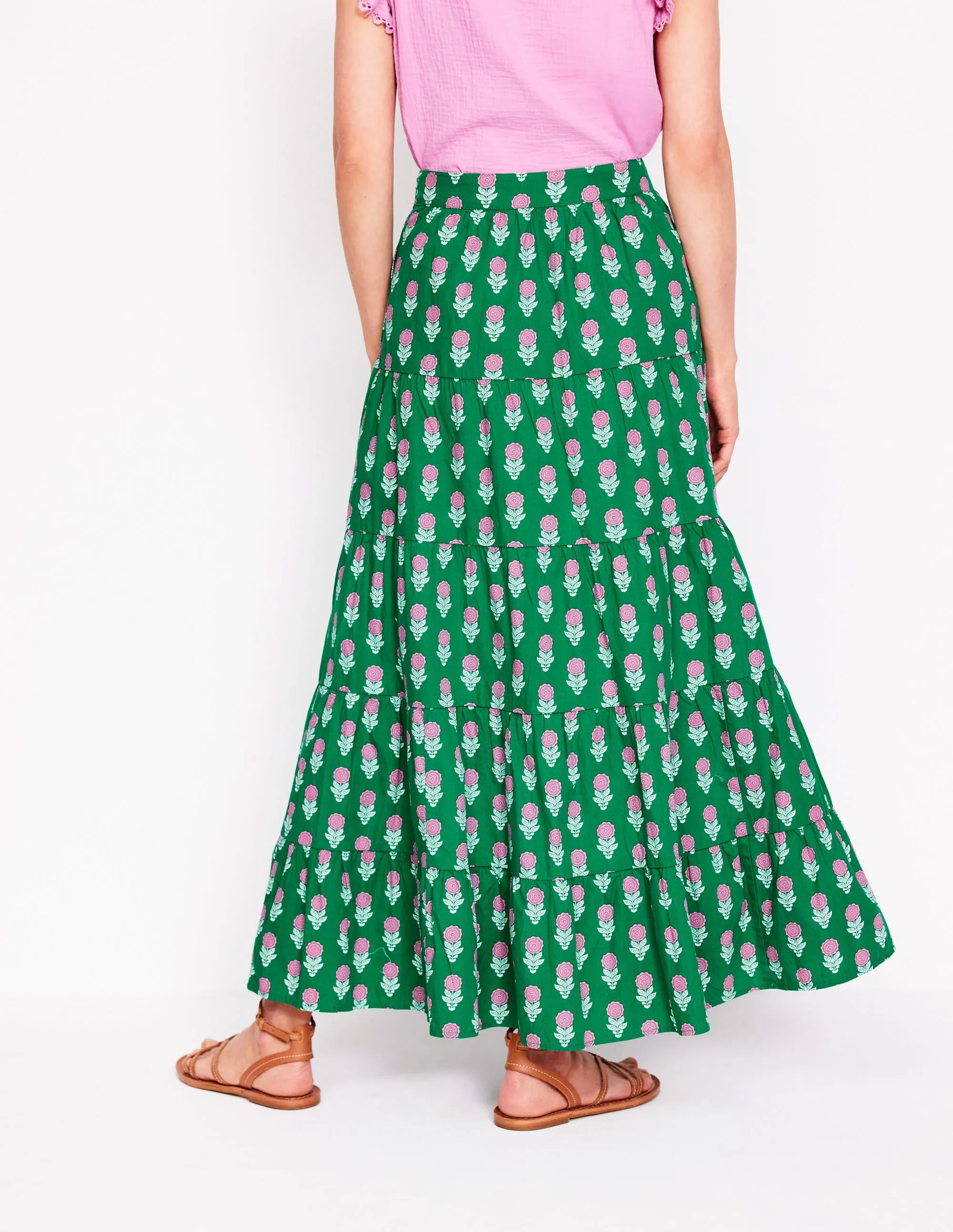 Nadia Poplin Maxi Skirt-Green Stamp. Dahlia Sprig